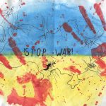 drawing titled !Stop War! with blue on the top and yellow on the bottom like the Ukrainian flag and two red hand prints